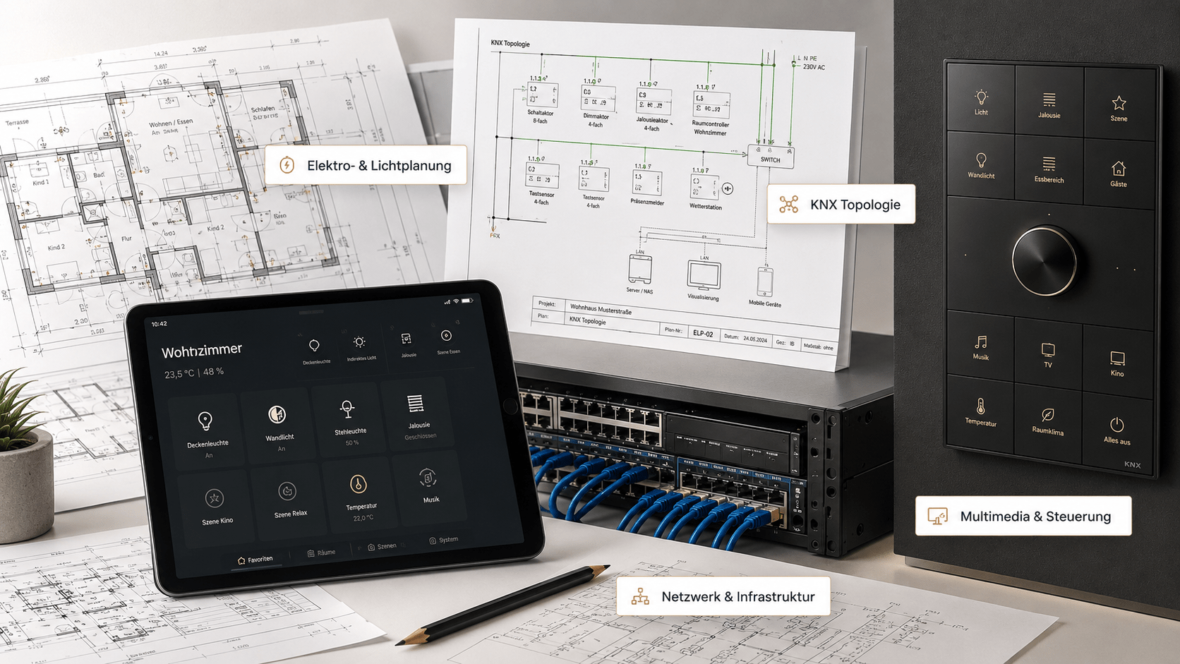 Engineering Titelbild mit Elektroplänen, KNX-Topologie, Netzwerktechnik, Smart-Home-Display und Multimedia-Steuerung.