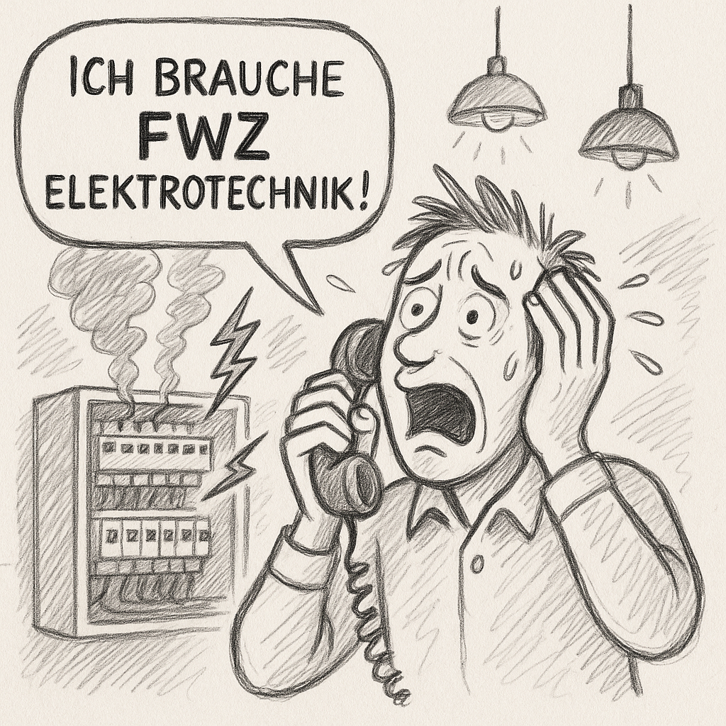 Karikatur eines verzweifelten Kunden, der mit dem Telefon in der Hand vor einem qualmenden Sicherungskasten steht und in einer Sprechblase ruft: ‚Ich brauche FWZ Elektrotechnik!