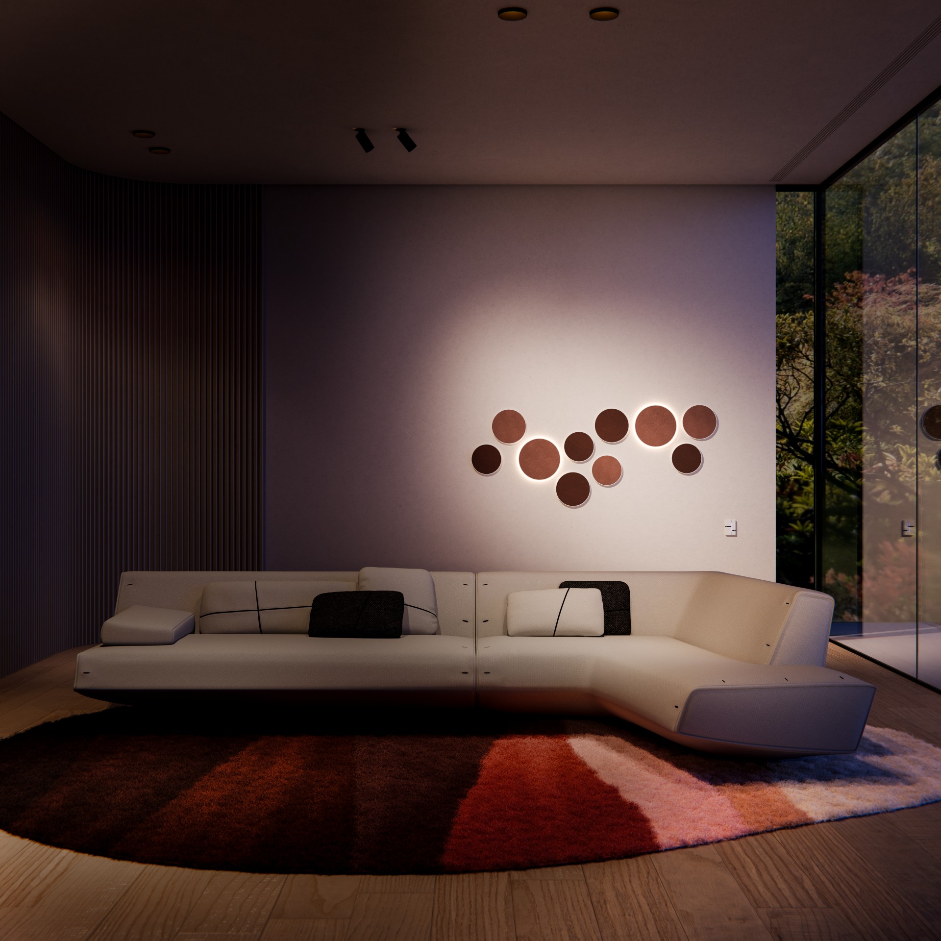 Basalte Rondo Kollektion als dekorative Wandinstallation mit kreisförmigen Design-Elementen im modernen Wohnraum.