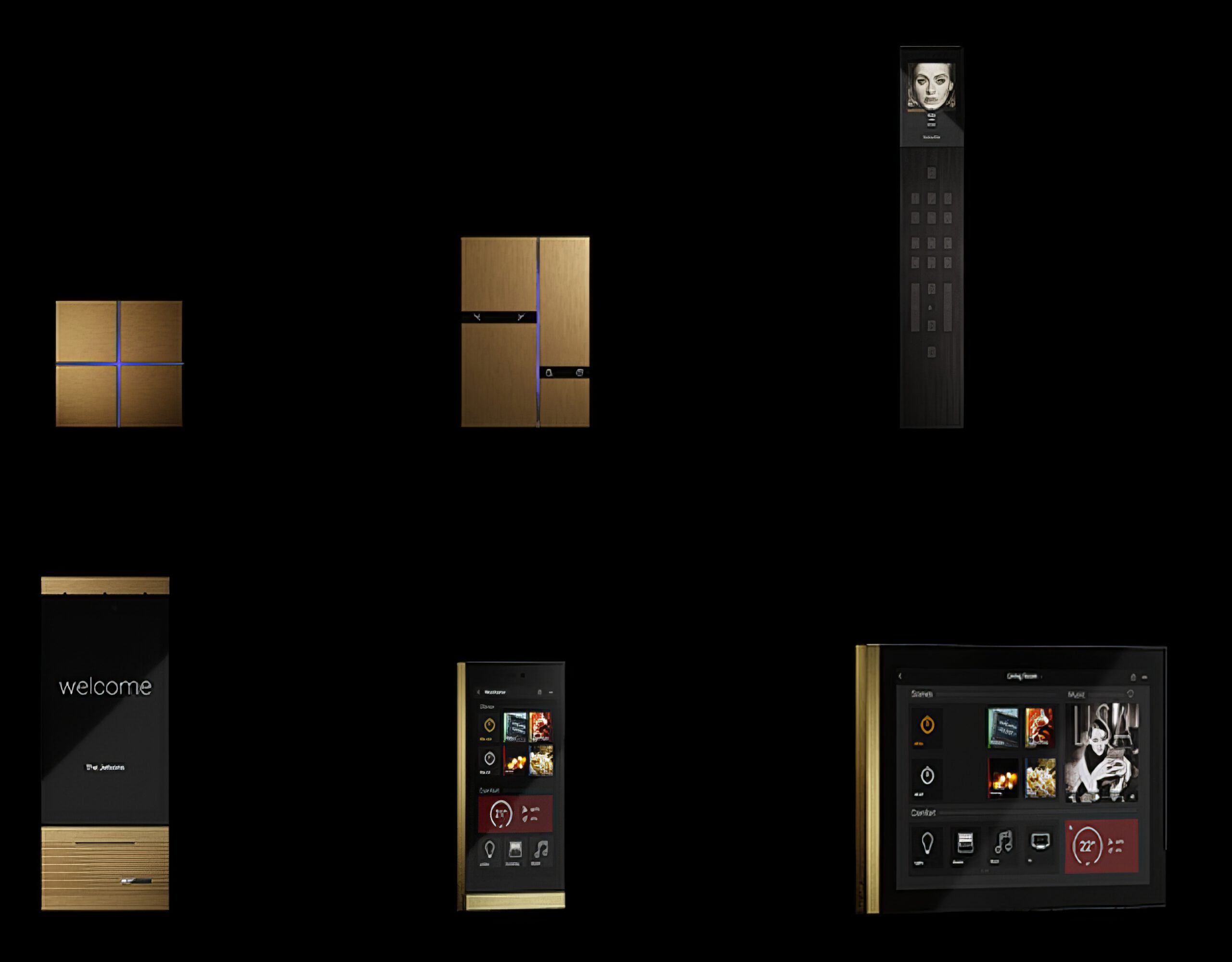 Basalte Sortiment mit Tastern, Türstation, Displays und Touchpanels für hochwertige Smart-Home-Bedienung.