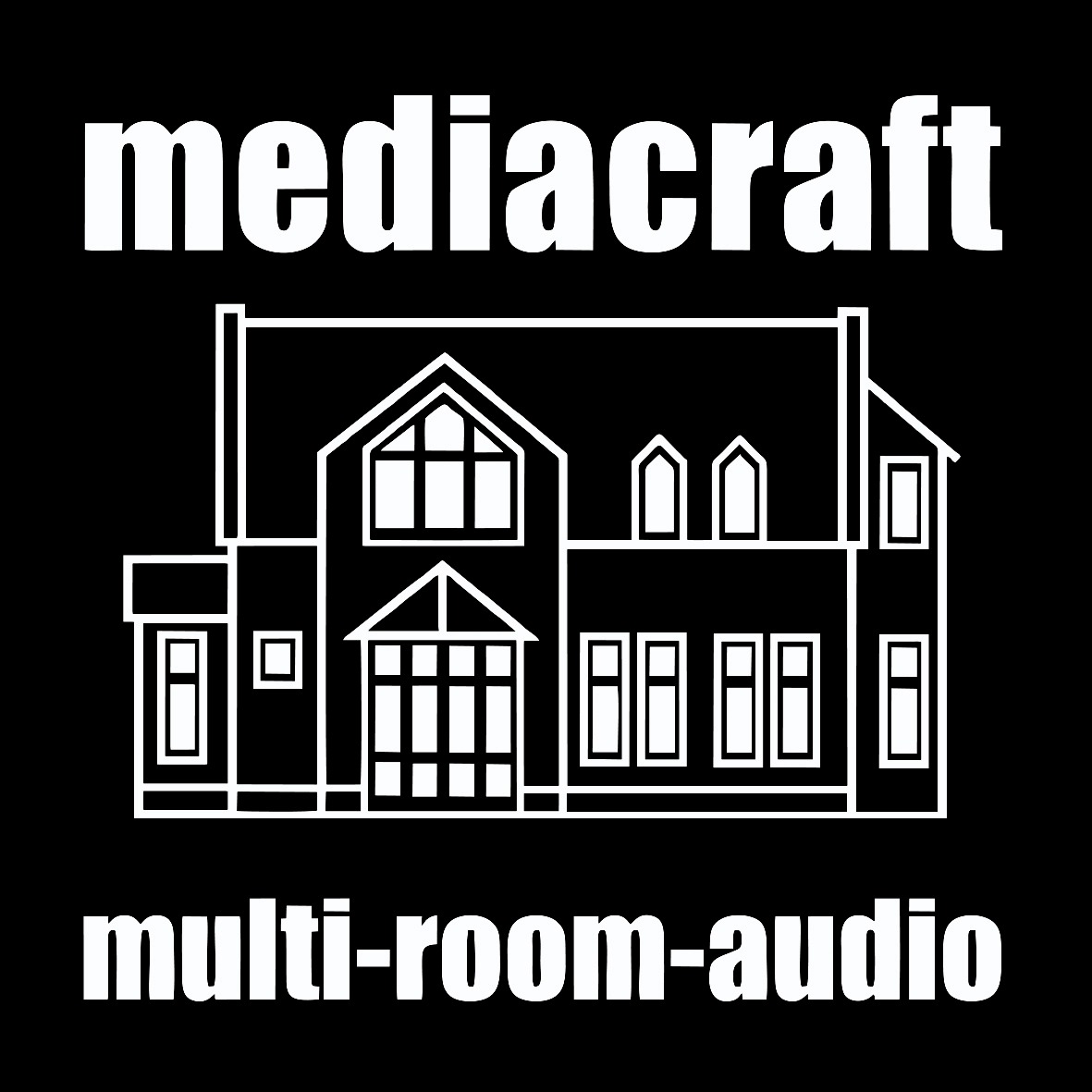 Mediacraft Grafik zu Multi-Room-Audio mit stilisiertem Haus als Symbol für vernetzte Audiolösungen im ganzen Gebäude.