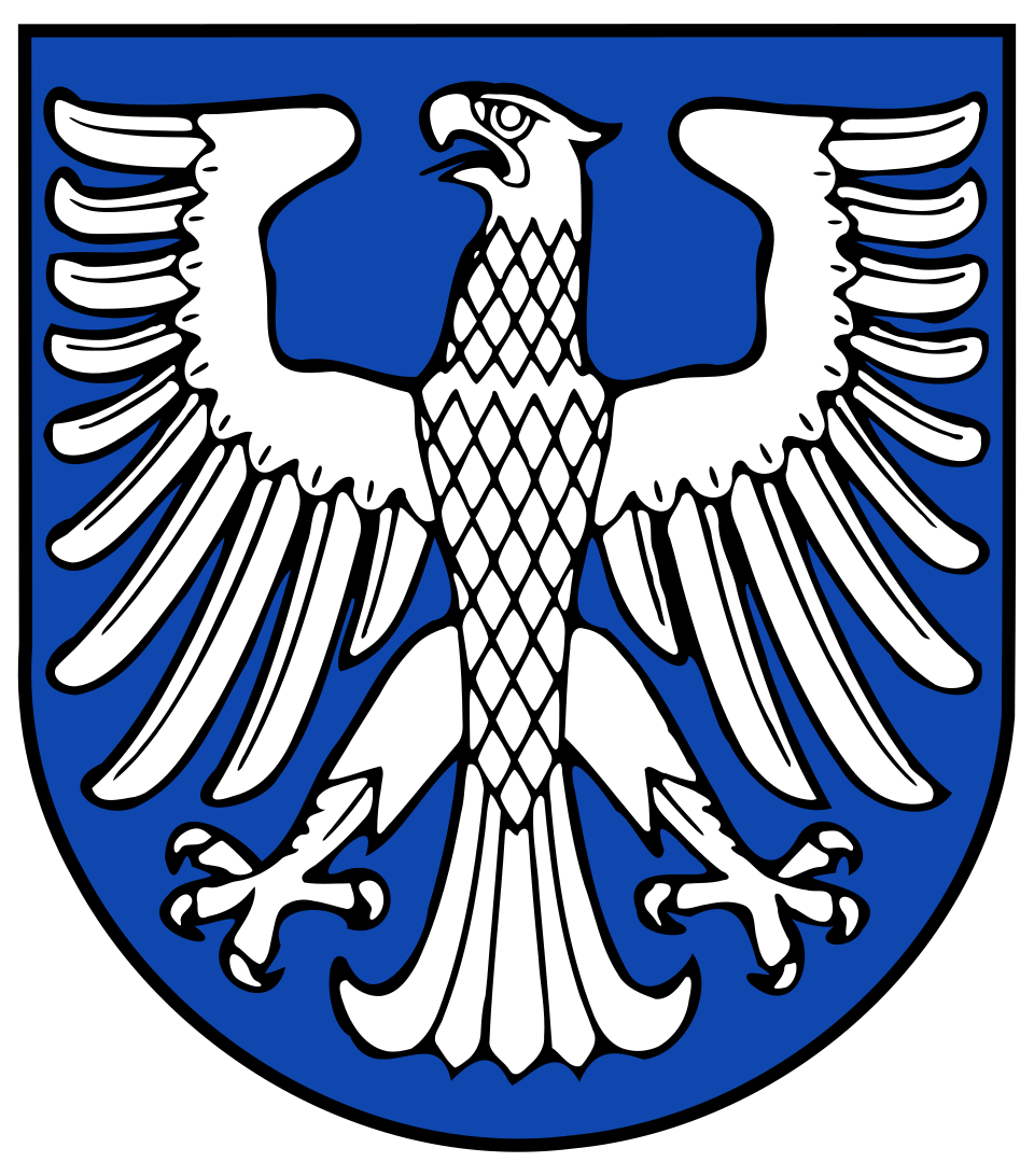 Stadtwappen von Schweinfurt mit silbernem Adler auf blauem Schild.