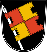 Stadtwappen von Würzburg mit rot-goldenem Banner auf schwarzem Schild.
